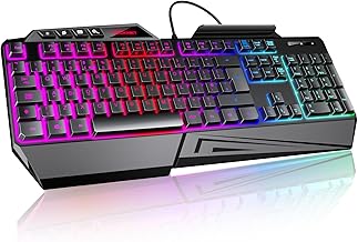 TECKNET Wired Gaming Keyboard, 26-Key Anti-Ghosting RGB Keyboard, Ergonomic Design with Phone Holder & Wrist Rest, Dedicated Shortcut Keys & Spill-Resistant Backlit Keyboards for PC/PS5/Xbox
