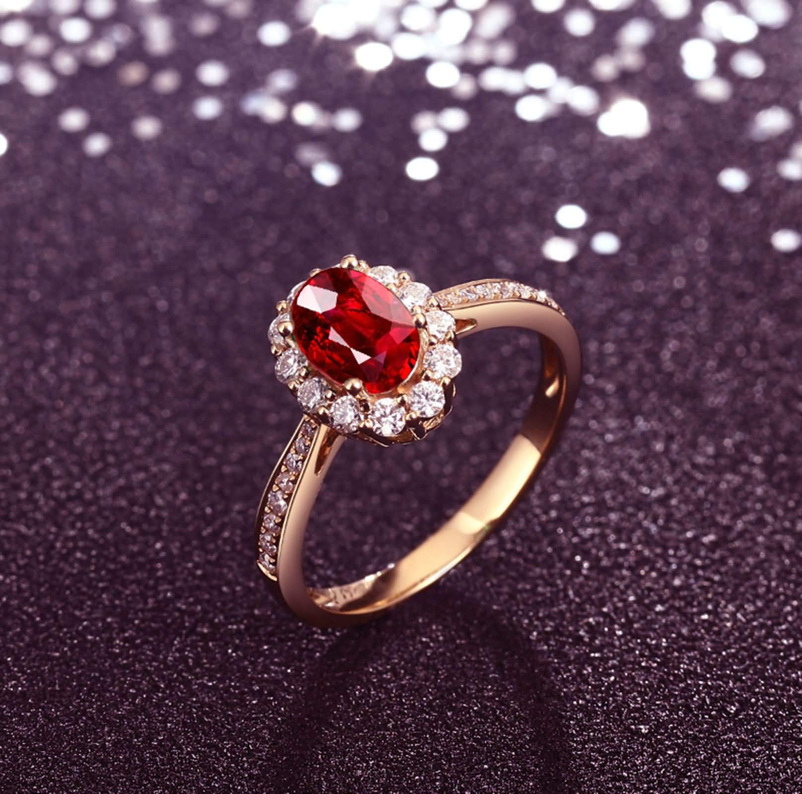Beydodo Anillo de Compromiso Mujer de Oro Rosa 9 14 18 K con Oval con Rubí Creado y Moissanita, Anillos Oro Rosa de Compromiso Mujer
