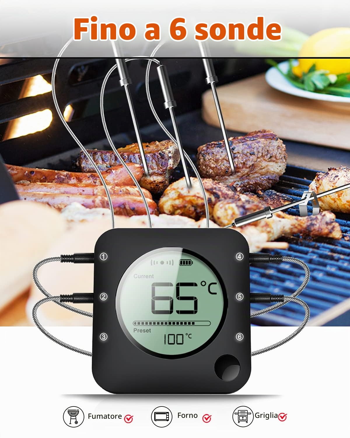BFOUR Termometro da Cucina Digitale Termometro per Cucina Bluetooth Termometro per Carne Barbecue Wireless Termometro da Forno con Timer BBQ Griglia LED Display App 6 Sensori (Nero, 4 Sonde)
