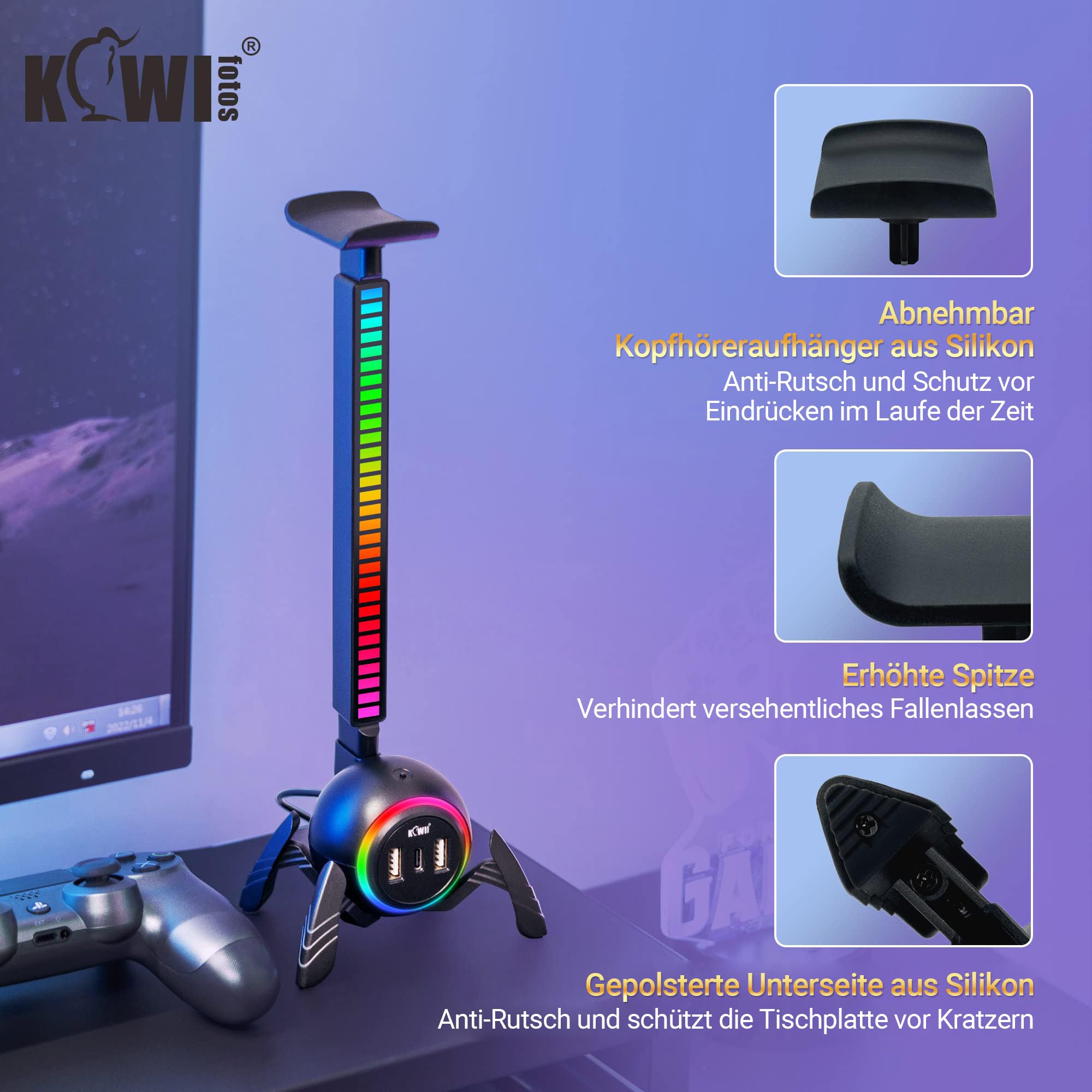 KIWIFOTOS Stojak na słuchawki z koncentratorem USB, stojak na słuchawki RGB z antypoślizgową podstawą, antypoślizgowa podstawa, akcesoria do gier komputerowych, odpowiednie do gier stołowych na biurko