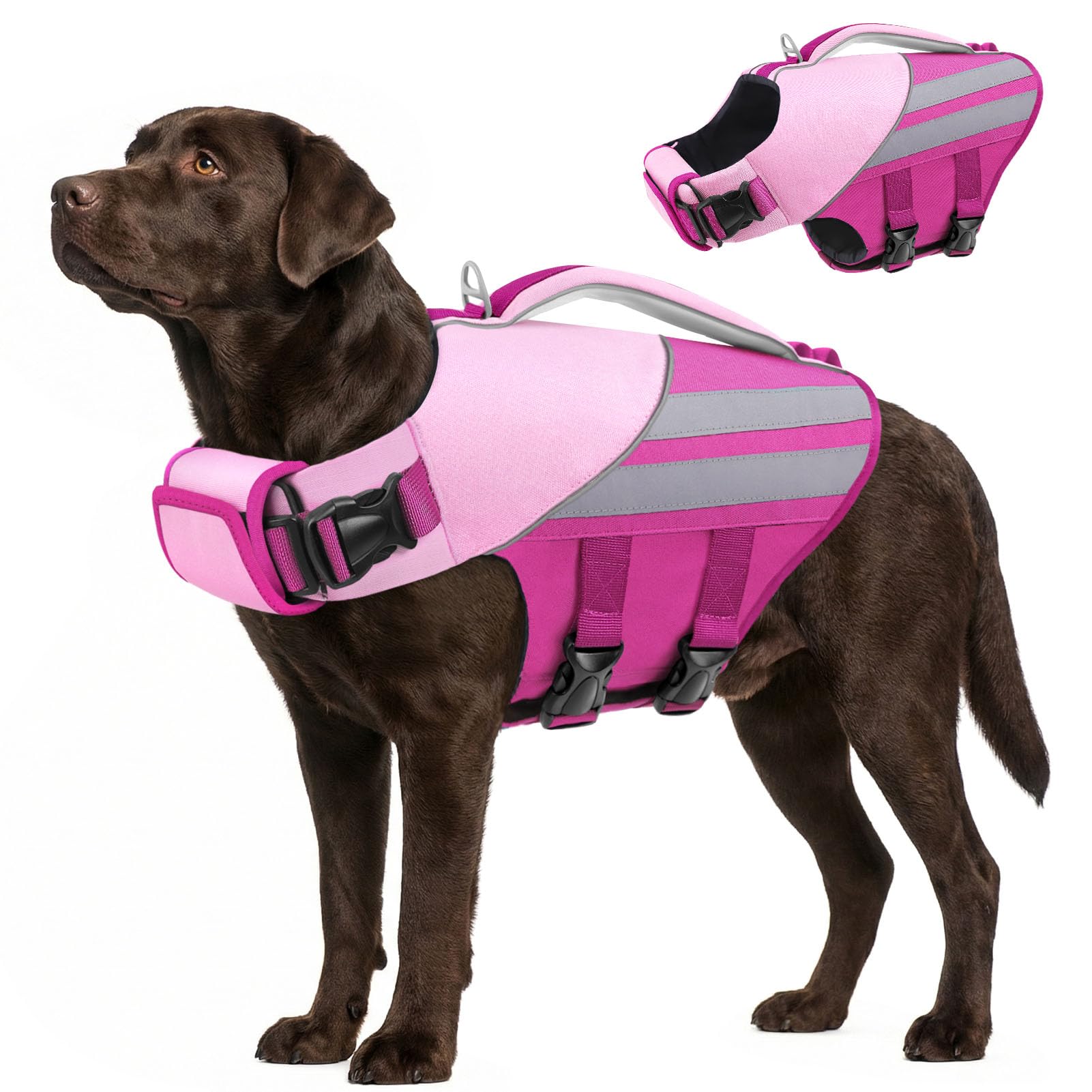 Queenmore Dog Life Vest For Swimming Adjustable &Reflective Dog Lifejackets For Kayaking Lightweight Buoyancy Aid Beach Accessories for large dogs French Bulldog.Pitbull,Dachshund (Rose, XL)