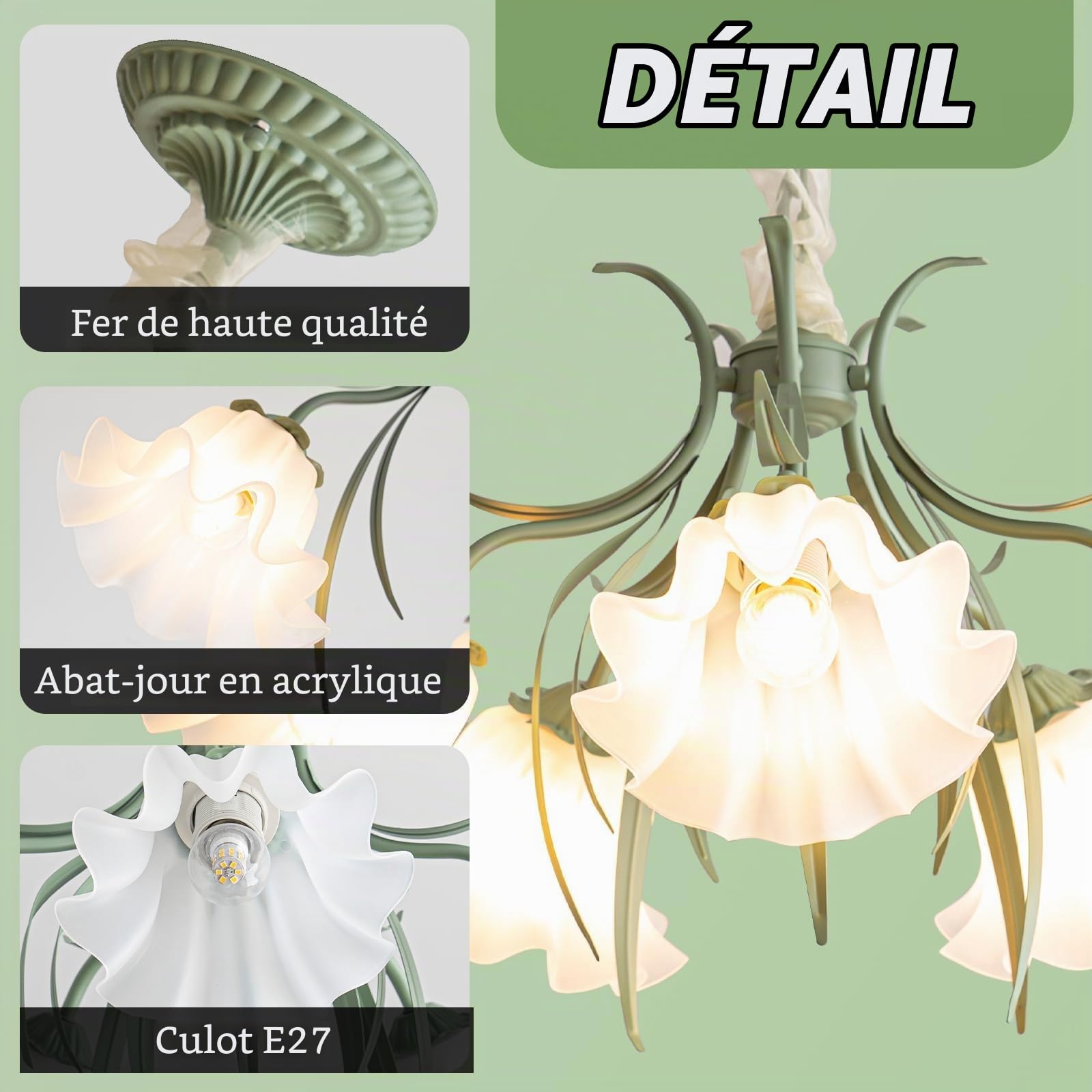 Suspension Luminaire Français Pays,Lustre En Métal Au Design Floral Vintage, Abat-jour En Acrylique Plafonnier Rétro Pour Salon Chambre À Coucher Cuisine Porche Couloir (5 Heads)