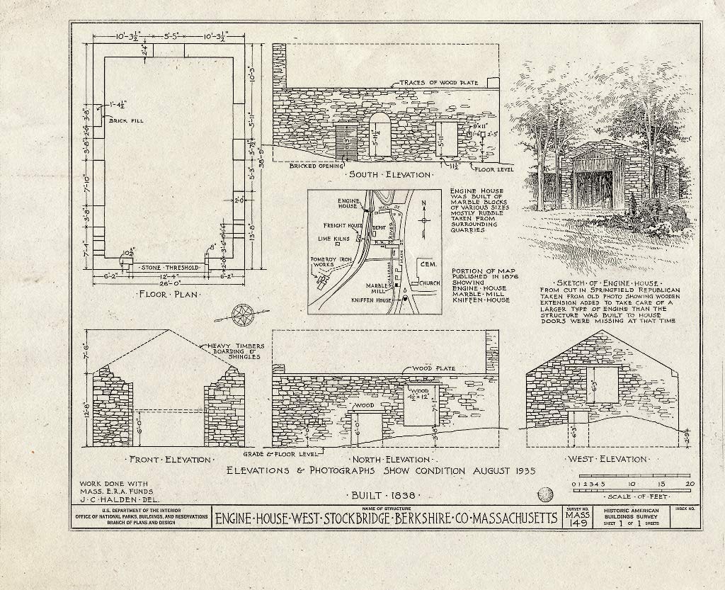 Historic Pictoric : Blueprint HABS Mass,2-STOCKW,1- (Sheet 1 of 1) - Engine House (Ruins), Mill Street, West Stockbridge, Berkshire County, MA 30in x 24in