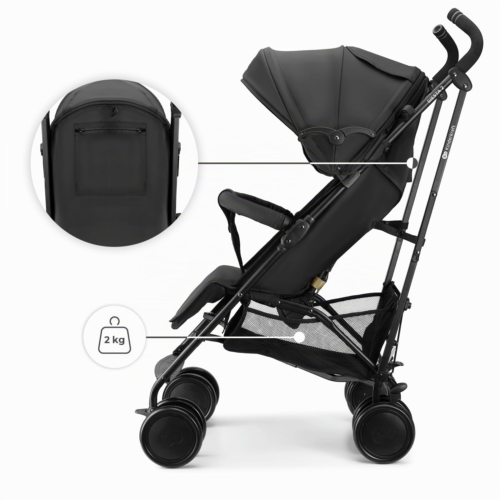 Kinderkraft silla de paseo SIESTA 2 hasta 22 kg, ligera, solo 7,9 kg, plegado tipo paraguas, posición tumbada, reposapiés ajustable, capota transpirable con malla y ventana peekaboo, compacta, Negro