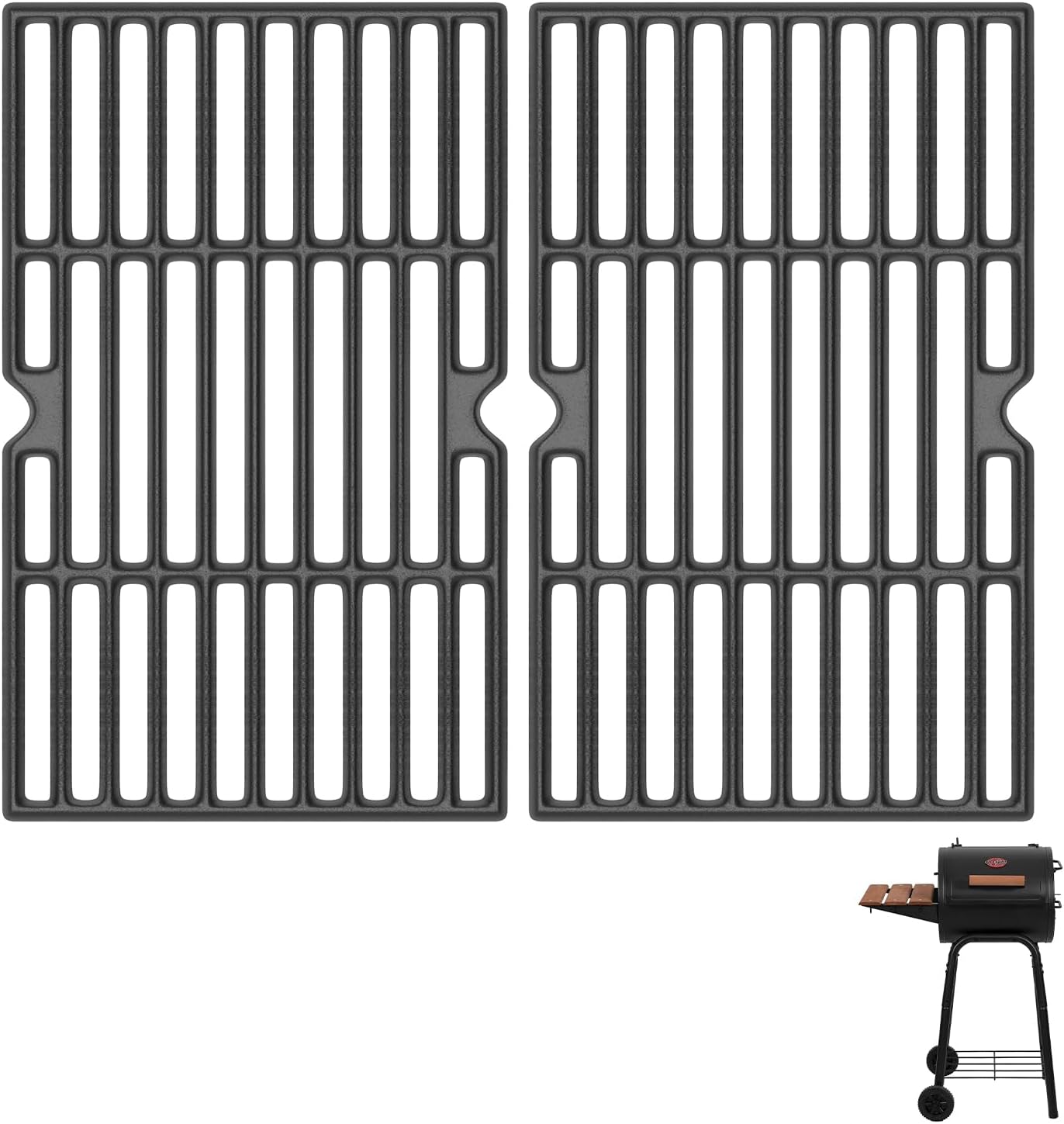 BBQ-PLUS Grill Grates Replacement Parts for Char-Griller 1624 1515 1224 1616 Charcoal Grill, Cast Iron Cooking Grids for Char-Griller 22424 E1515 72424 Grill Parts, 2 Pack