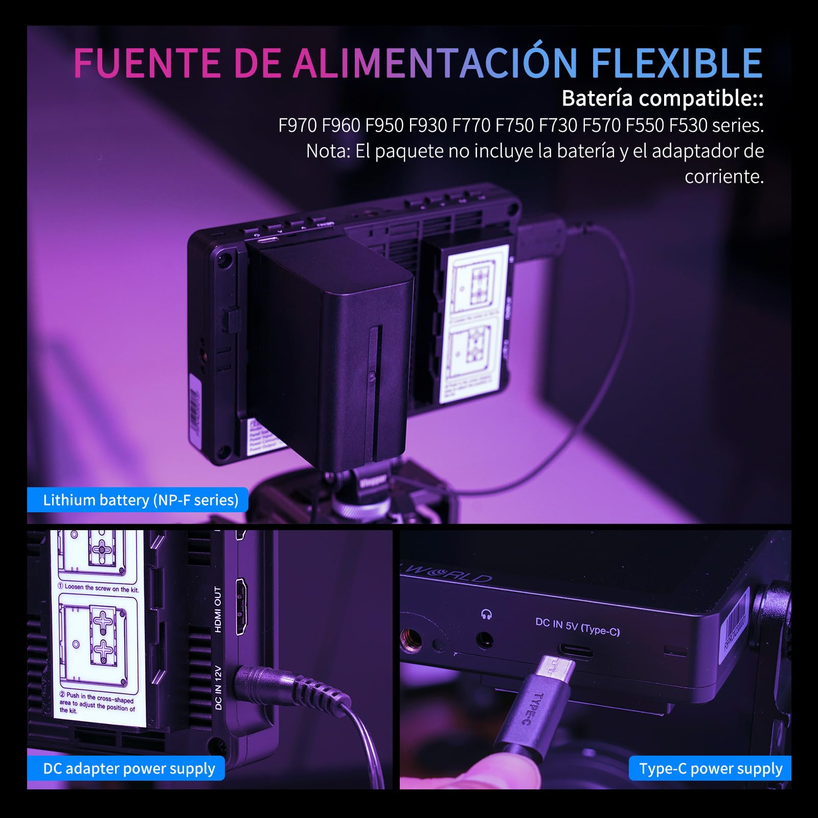 Feelworld F5 Pro V2 6 Pulgadas Monitor de Campo de cámara DSLR 3D LUT con Kit Externo Instale el Equipo IPS FHD1920x1080 4K HDMI / 5V Entrada Tipo c（Incluye batería F750）