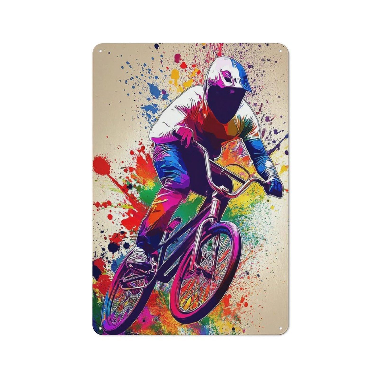 Junmoney Colorful Bmx Rider Splash Art Vintage Metal Sign 30X20cm For Lounge Or Reading Corner, For Garage, Workshop And Man Cave Decoration