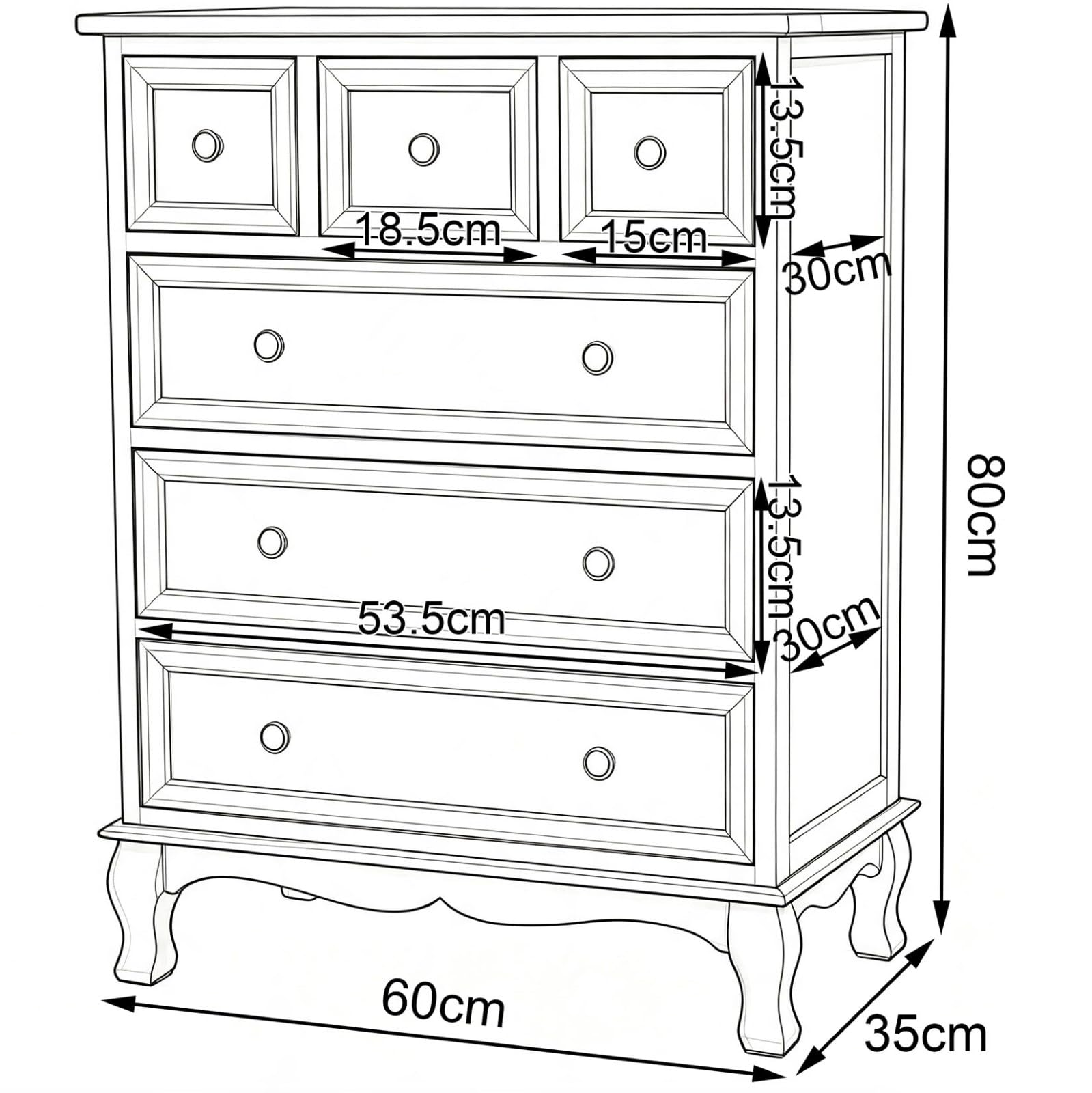 Cómoda, Cajonera con 6 Cajones Organizador Versátil Comoda de Madera Maciza Dormitorio Armario De Almacenamiento Mueble para Ropa No Requiere Ensamblaje ara Recibidor Salón C,80 * 35 * 60CM