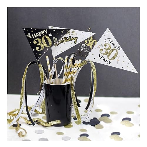 Ercadio Paquete de 8 banderas de papel vintage de 1964 con banderines dorados impresionantes desde 1964, banderas triangulares con cintas, banderas