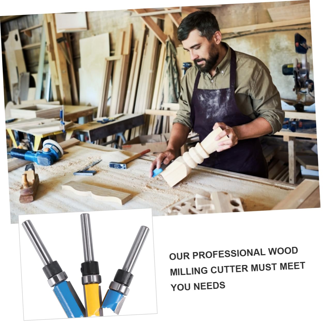 Unomor 1set Trimming Knife Set Straight Bearing Woodworking Cutting Heavy Fluted Flush Edging Bit Milling Cutter Tool Carpentry Carbide 3pcs