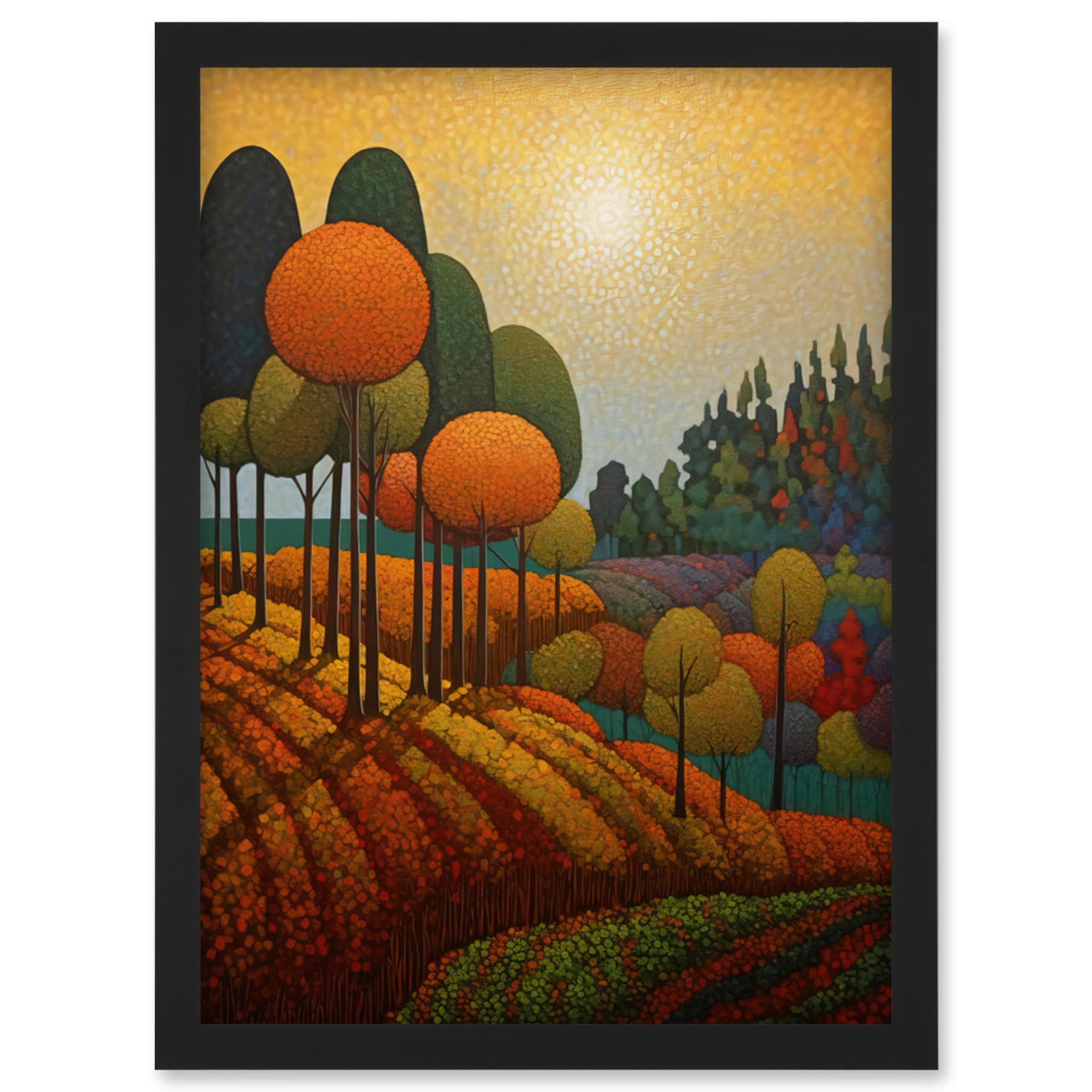 Artery8 Autumn Fields Pointillism Painting Amber Orange Green Countryside Landscape Artwork Framed Wall Art Print A4