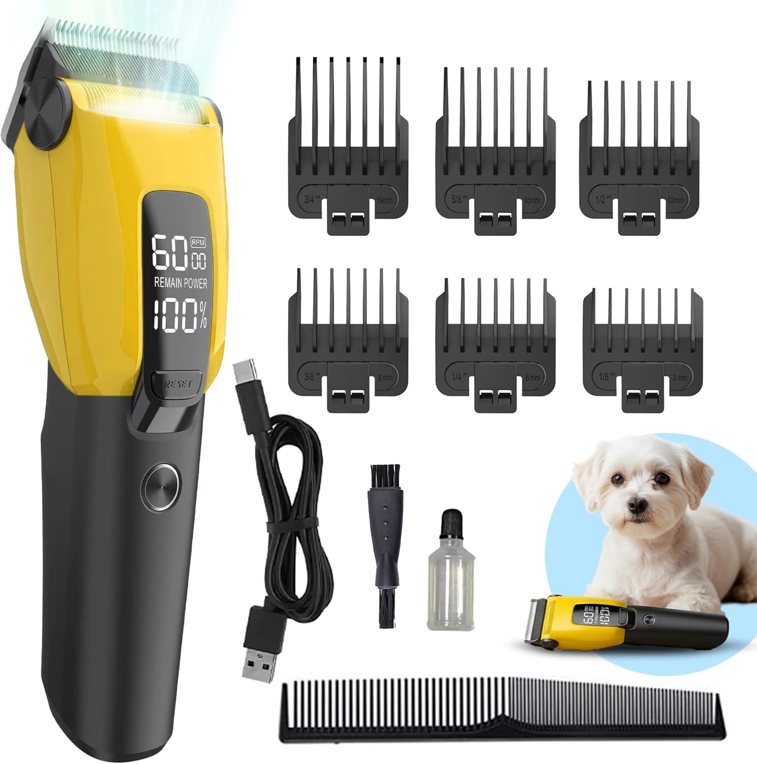 HamInWay Cordless Dog Clippers – Quiet Rechargeable Pet Grooming Clippers for Dogs & Cats – Low Noise Hair Trimmer with Stainless Steel Blade – USB Charging – Professional at-Home Grooming