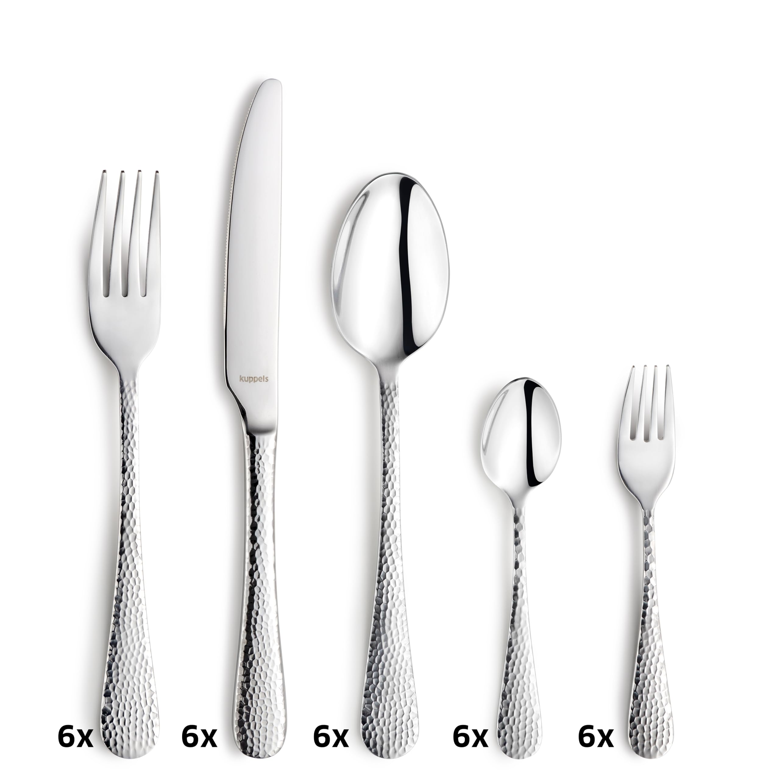 Kuppels CRYSTAL Besteck Set 30-tlg, 6 Personen, Hammerschlagoptik | rostfrei, spülmaschinenfest, poliert, 18/0 Edelstahl, Menümesser, Menügabel, Kaffeelöffel, Kuchengabel