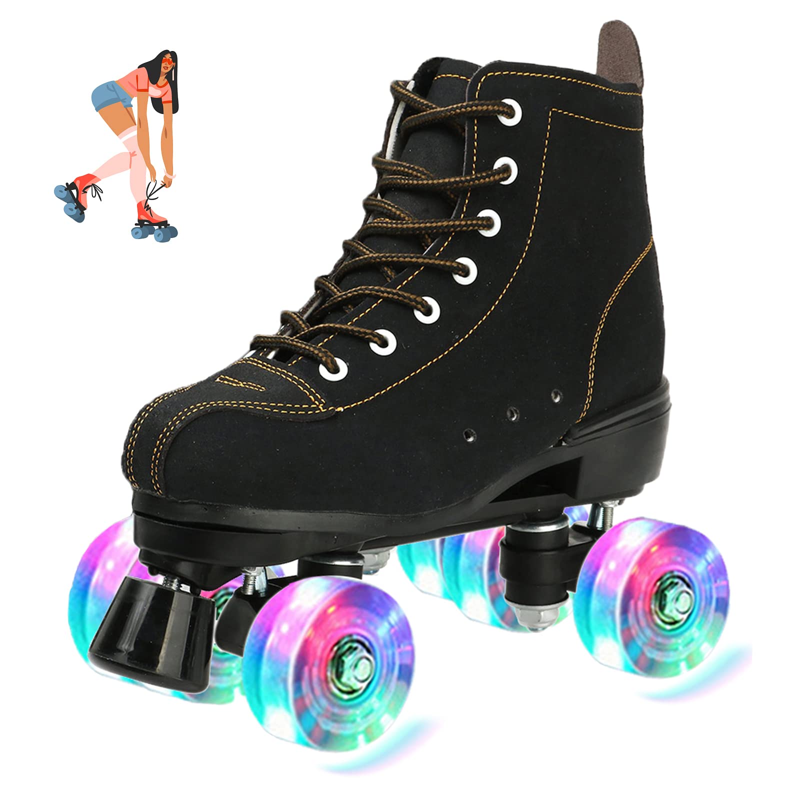 jessie Roller Skates Women High Top Cowhide Adjustable Shiny Light up Four-Wheel Women Roller Skates Adult Boys Girls with a Shoe Bag Indoor Outdoor Roller Skates(Women Size 6.5 / Men Size 5)
