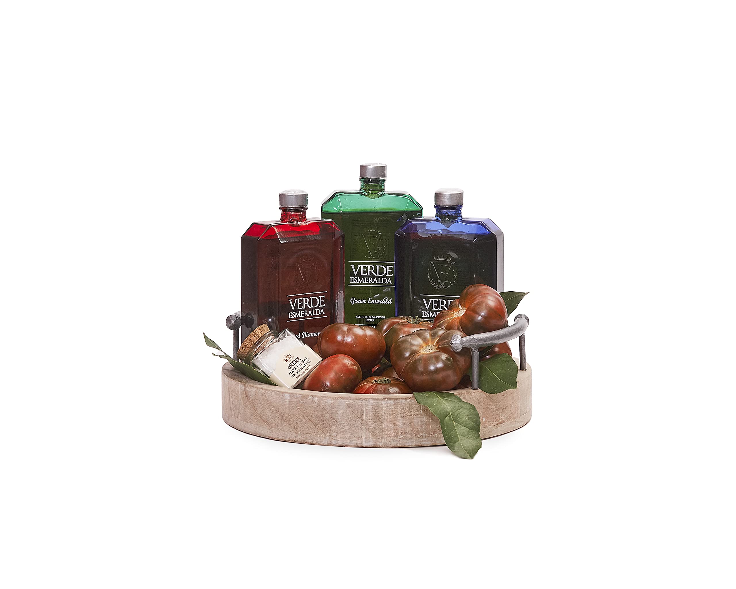 FASHION FRUIT | Cesta de Regalo Gourmet con 3 Botellas de Aceite de Oliva Virgen Extra, Tomate y Sal | Soporte Decorativo Incluido | Regalo Original para Cualquier Ocasión; Bodas, Navidad, Cumpleaños