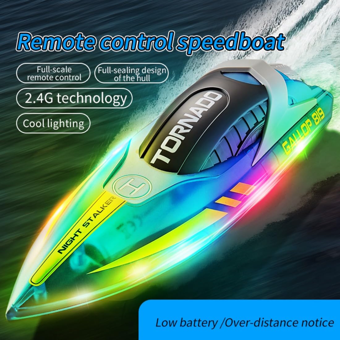 NULA Barca radiocomandata per piscina, lago e laghetto, 15 km/h, barca acquatica telecomandata con scafo luminoso a LED, doppio motore e auto-assemblaggio, per adulti, blu, 1 batteria