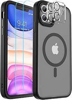 SUPFINE Magnetic for iPhone 11 Case [Compatible with MagSafe] [10 FT Military Grade Drop Protection] 2X [ Tempered Glass Screen Protector+Camera Lens Protector] Slim Phone Case,Matte Black