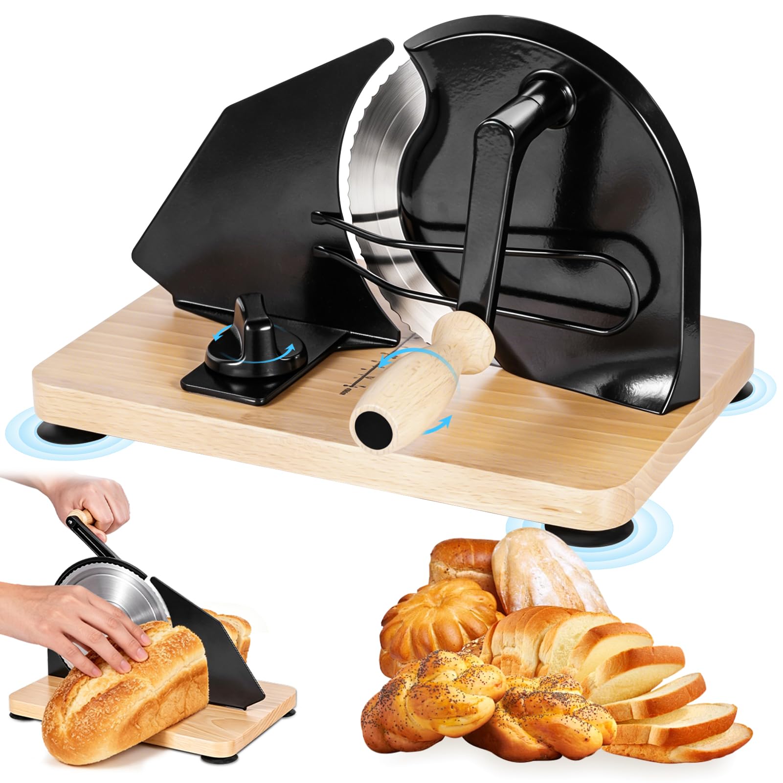 Brotschneidemaschine Manuell, Manuelle Brotschneidemaschine mit Einstellbarer Scheibendicke, Edelstahlklinge, Rutschfeste Saugnäpfe, Gleichmäßige Brotscheiben für Selbstgemachtes Brot & Sauerteigbrot