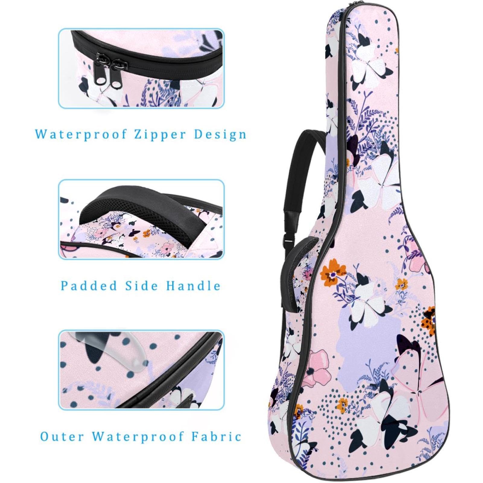Torba na gitarę akustyczną Wodoodporny plecak na gitary Grube miękkie wyściełane kwiaty i motyle Klasyczna obudowa na gitarę, wielobarwny, 42.9x16.9x4.7 in, Organizer do torby