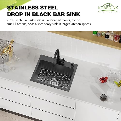 Miniatura 3 de Fregadero negro de cocina y bar, fregadero de cocina de acero inoxidable de 20 x 16 pulgadas, moderno fregadero de barra de montaje en la parte