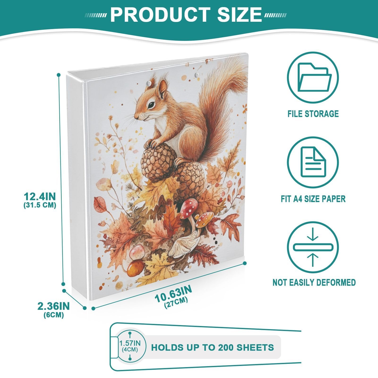 Raccoglitore a 3 anelli con foglie autunnali arancioni e scoiattolo, 3,8 cm, decorativo, con portablocco e 3 tasche trasparenti, contiene 200 fogli di carta formato A4, impermeabile, per scuola, casa