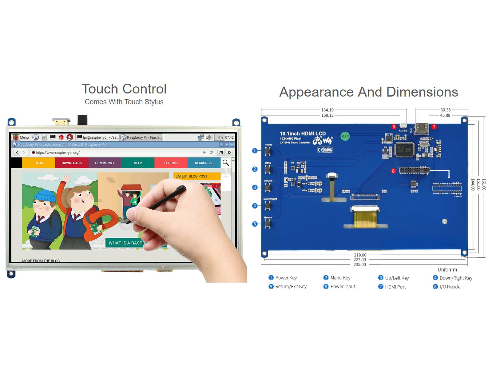 Waveshare 10.1 Inch Resistive Touch LCD For Raspberry Pi - 1024x600 IPS Display