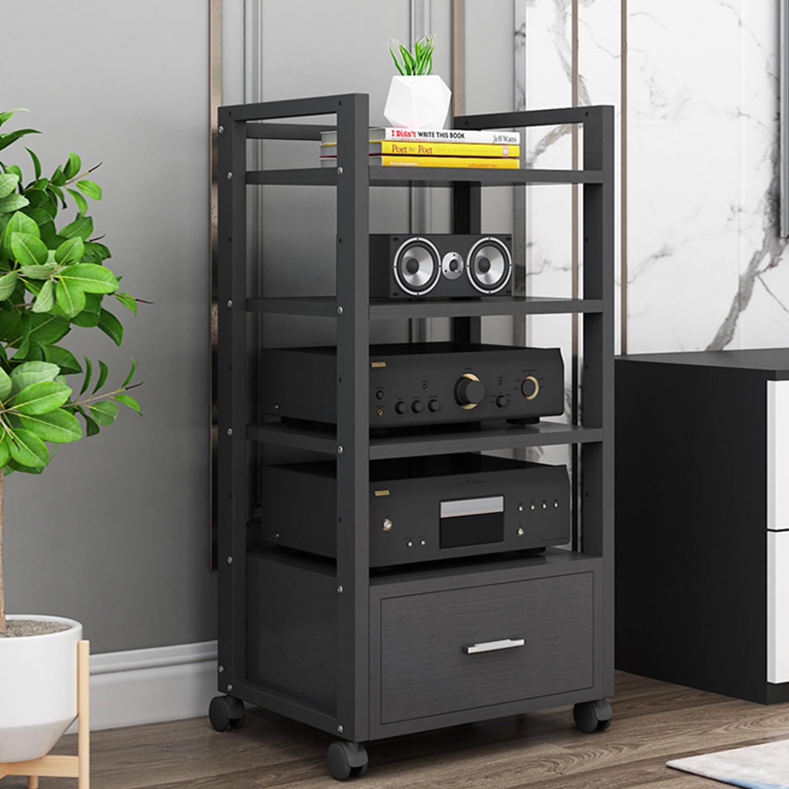 Support audio vidéo en bois à roulettes et armoire rack pour vinyles