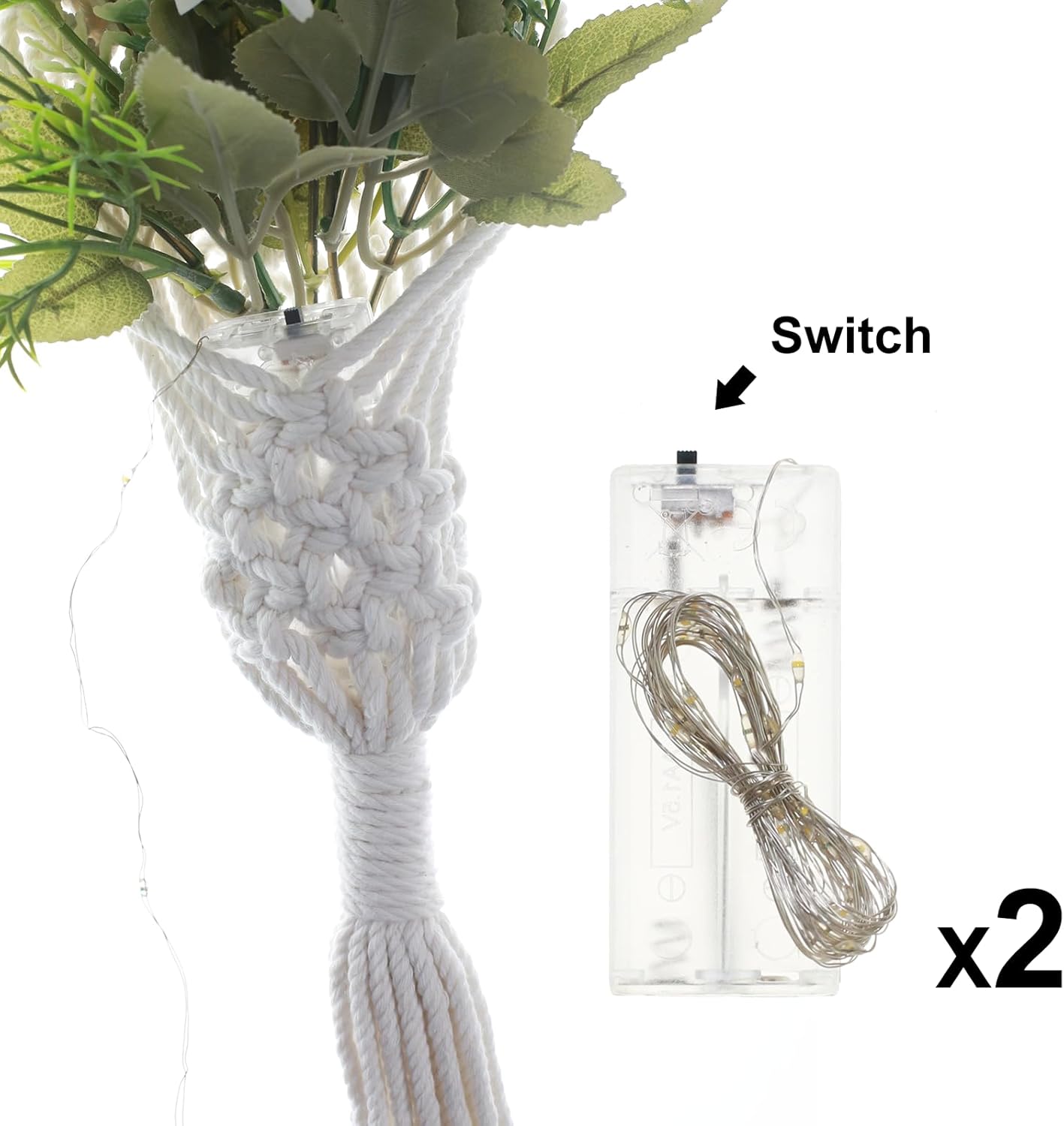 Macrame Wall Hanging, White Cotton Rope with Artificial Dahlia Flowers, 8x23 Inches, Handcrafted Boho Tapestry with LED Lights, Decorative Wall Art for Living Room, Bedroom (Banana Yellow)