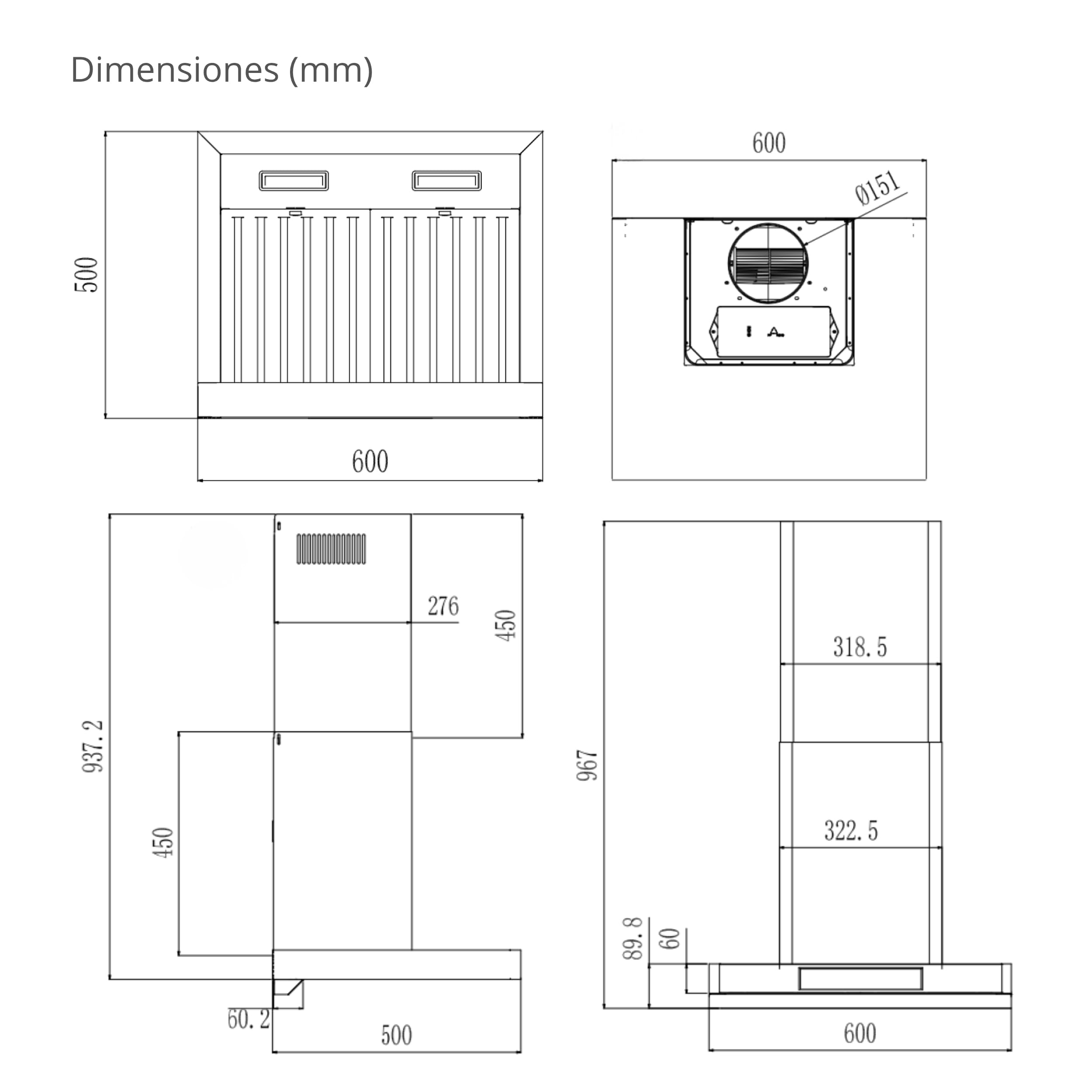 Campana Extractora de Pared Kompatic Form 60 KF60WPS, 60 cm, 800 m³/h, Clase A++, Motor Brushless, Filtros Baffle, Control Táctil, LED, 3 Velocidades + Boost, Negro Mate (Acero inoxidable, 60 cm)