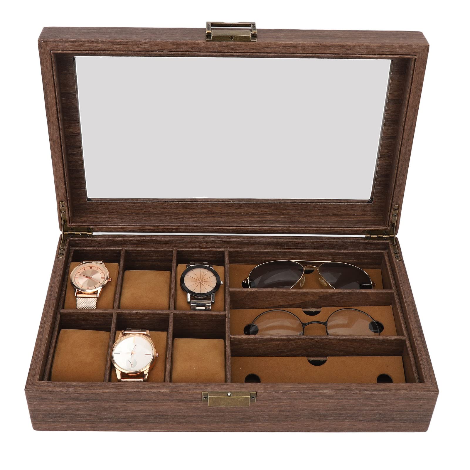 Caja de reloj de madera a prueba de polvo impermeable reloj de grano de madera retro organizador de almacenamiento de múltiples relojes caja de exhibición de gafas