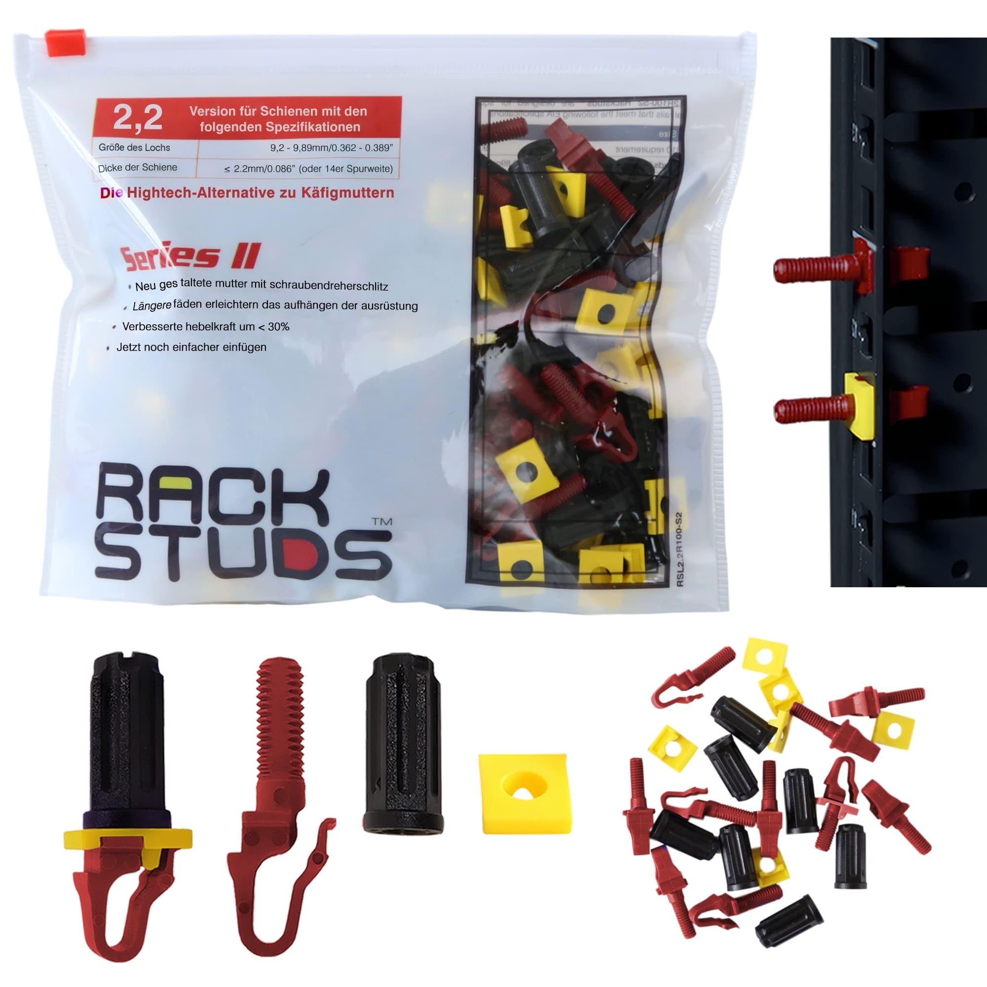 Rackstuds R100 Serie II Rackmontageschrauben – Server-Rack-Schrauben und Käfigmuttern-Ersatz für 19" Server-Rackschienen mit quadratischen Löchern – ohne-Werkzeug – Rot 2,22 mm / 0,086 – 100 Stück