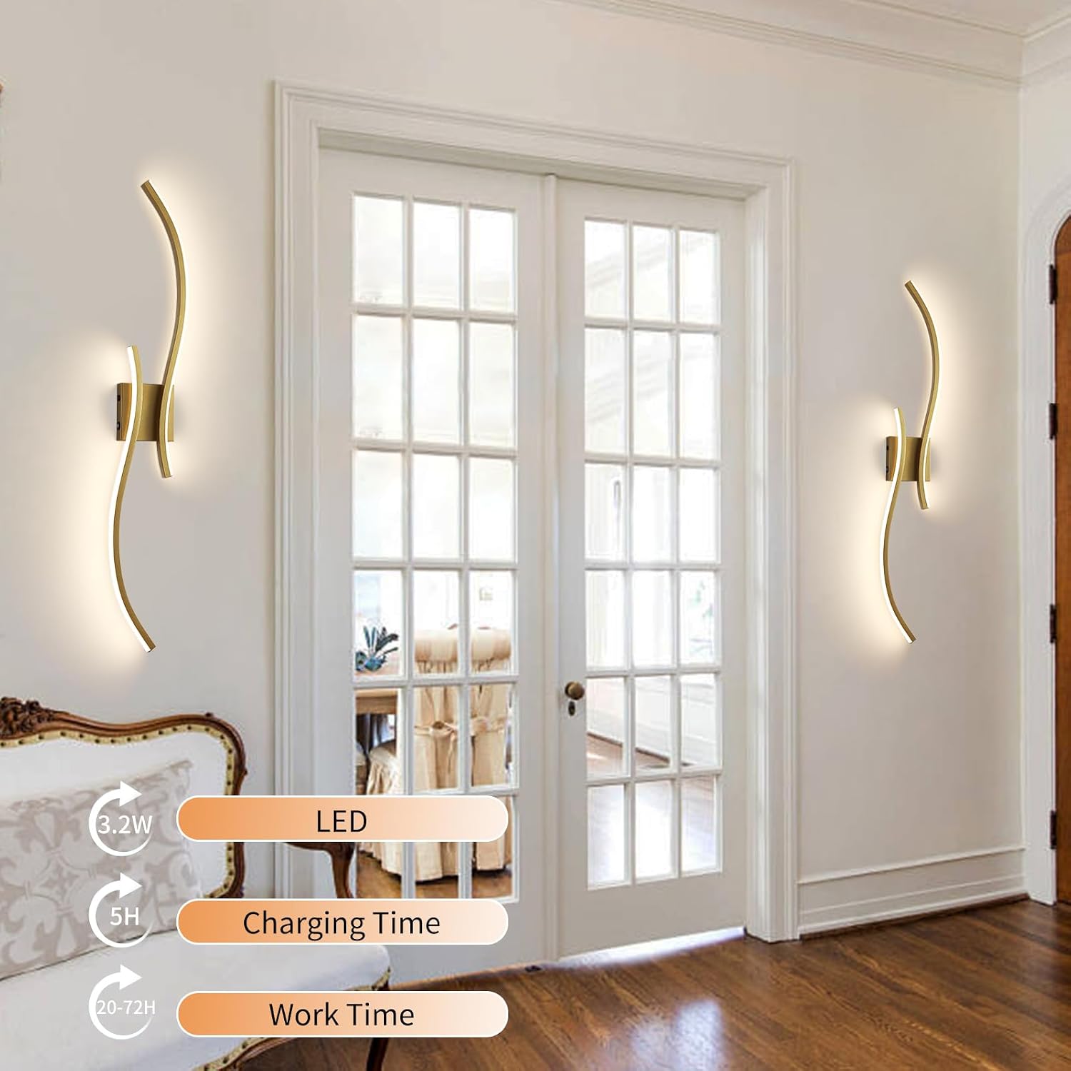 40" Gold Battery Operated Wall Sconces Set of Two Modern Rechargeable Wall Sconces with Remote Control LED Dimmable Wall Lights for Living Room Bedroom Hallway (2 Pack)
