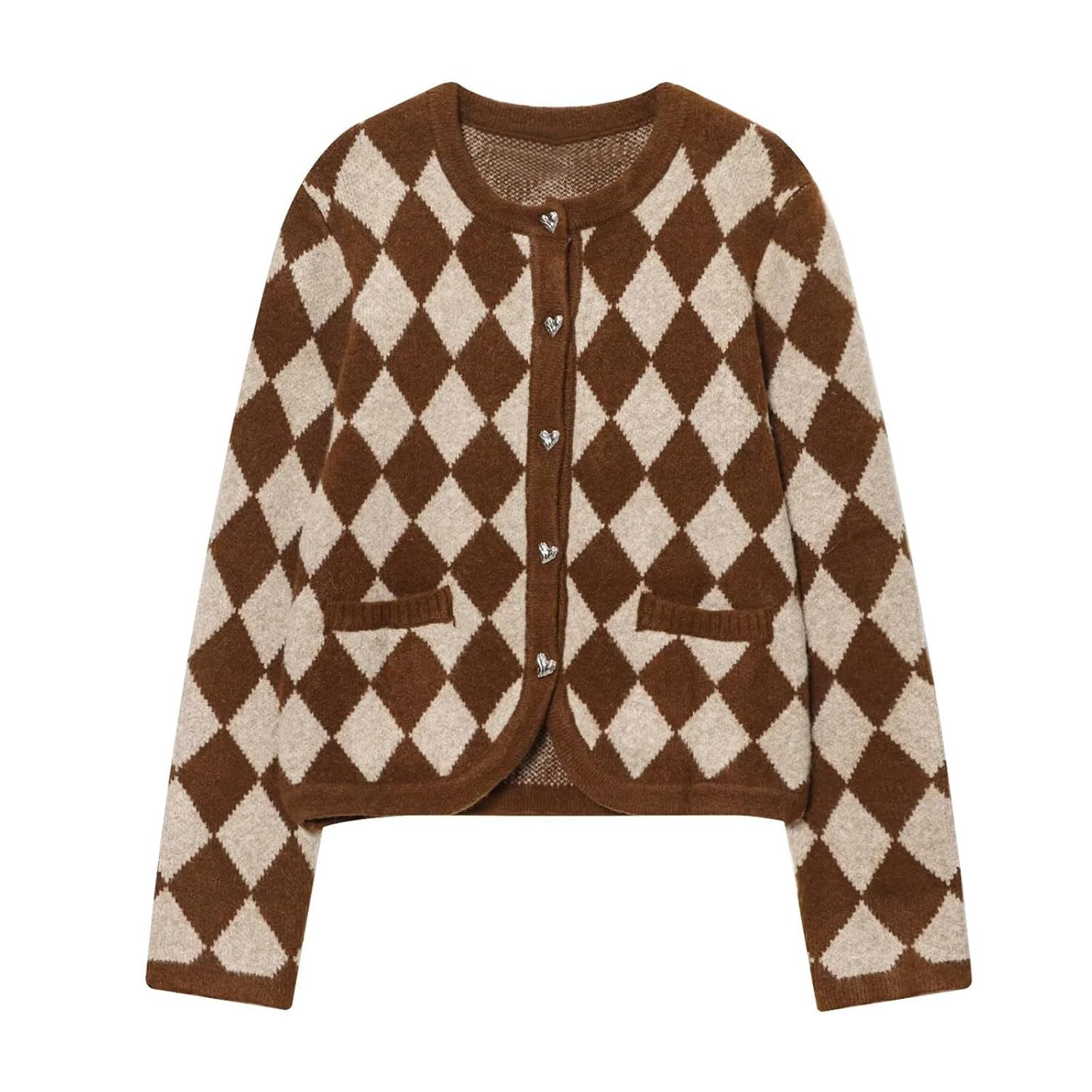 HOULENGS Womens Vintage Argyle Print Cropped Cardigan Sweaters Long Sleeve Button Down Knit Sweater Coats with Pockets