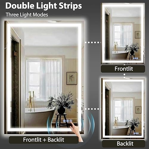 Miniatura 5 de GLSLAND Espejo de baño LED de 26 x 38 pulgadas con luces, espejos de tocador regulables delanteros y retroiluminados, espejo iluminado antivaho