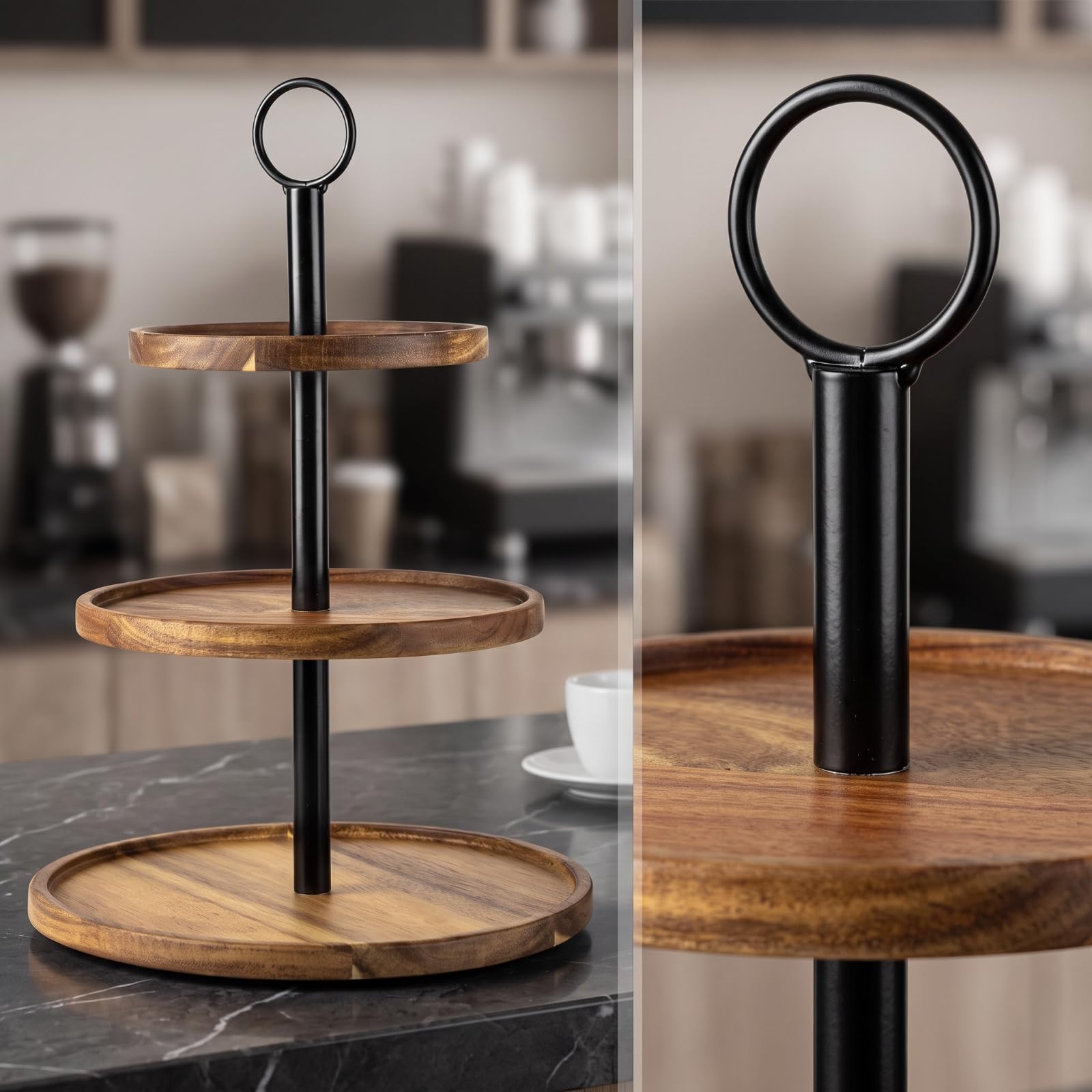 Présentoir à Trois Étagères en Bois d'Acacia Support Métal Noir Idéal pour Servir Gâteaux Pâtisseries Lors s Réceptions Goûters Familiaux