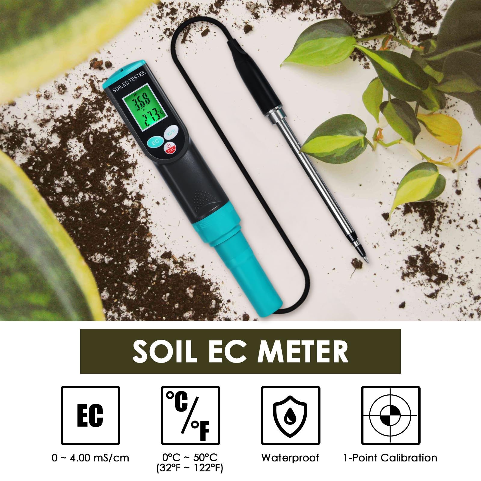 Compteur EC et température du sol 2 en 1 numérique avec compensation automatique de la température - Compensation de température portable - Électrode filaire - IP67 - Étanche - Pour agriculture