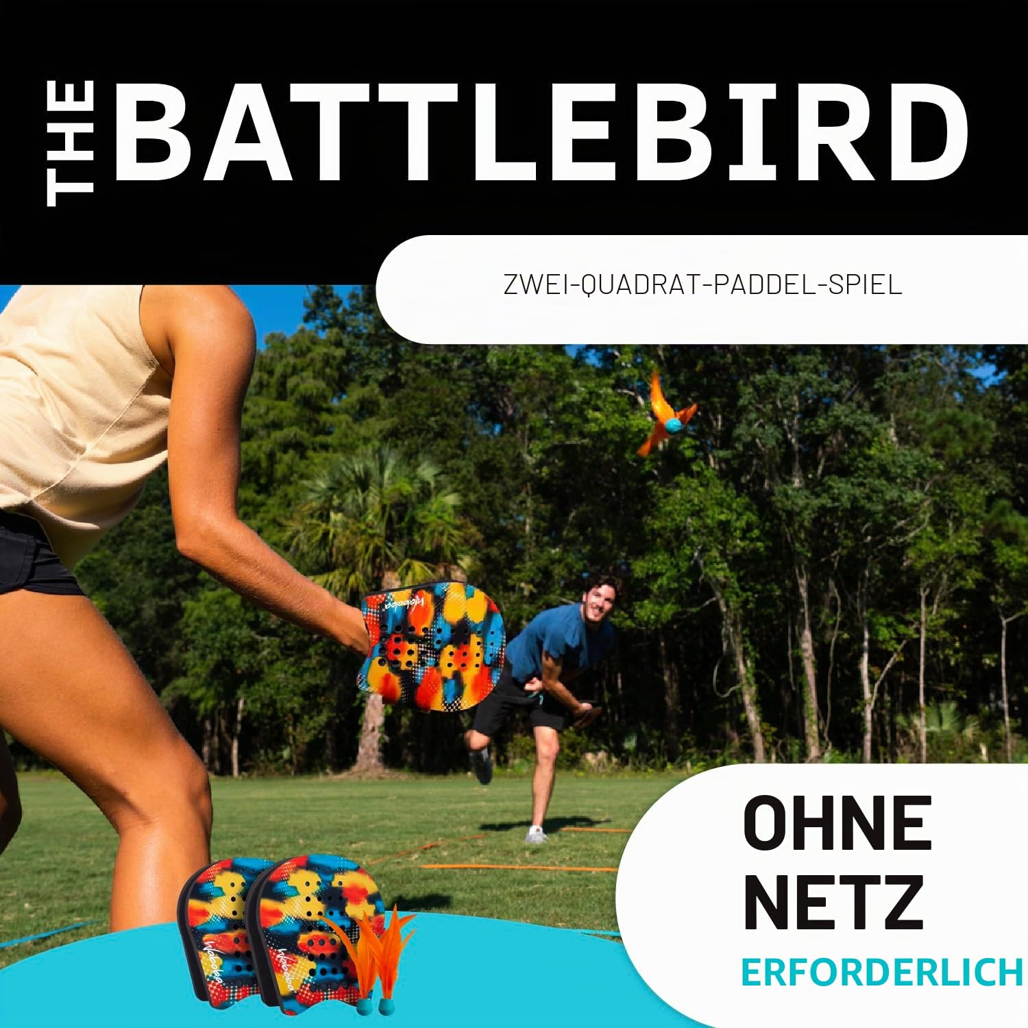 Waboba Battle Bird - Rethink Your Paddle Game - Backyard Set Includes: 2 Wearable Paddles, 2 small Birdies and a Easy Court to Set up with Stakes - Size 200 x 120 x 228 mm