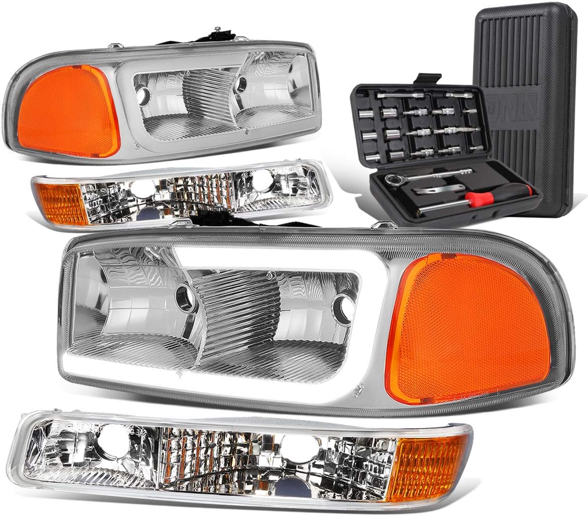 Auto Dynasty LED DRL Chrome Amber Corner Headlight w/Bumper Lamps + Tool Kit Compatible with GMC Sierra Yukon 99-07