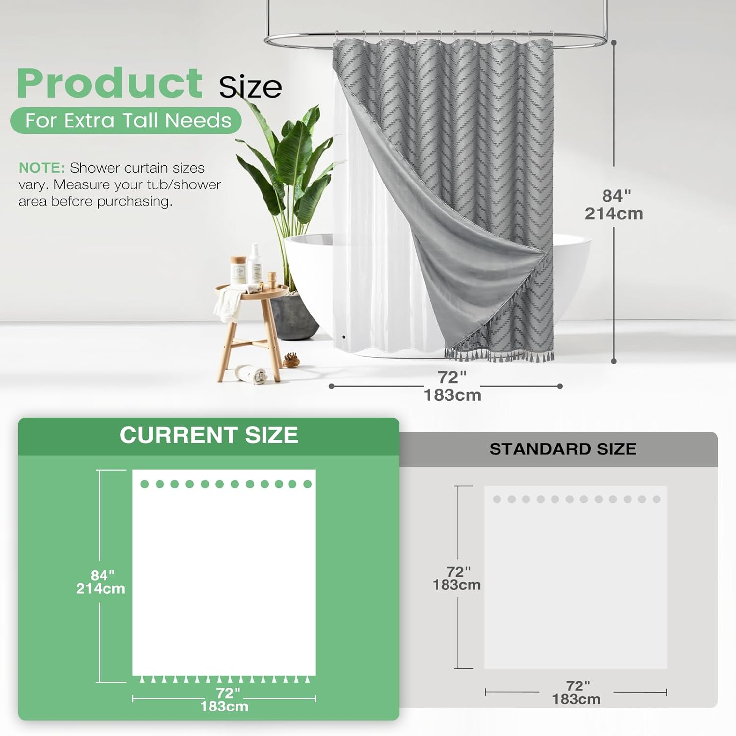 Dynamene Boho Shower Curtain and Liner Set, Tufted Chevron Textured Tassel Shower Curtains for Bathroom and Waterproof Liner with Hook, 72" W x 84" L (Pack of 1), Z. Waterproof Liner Version Grey