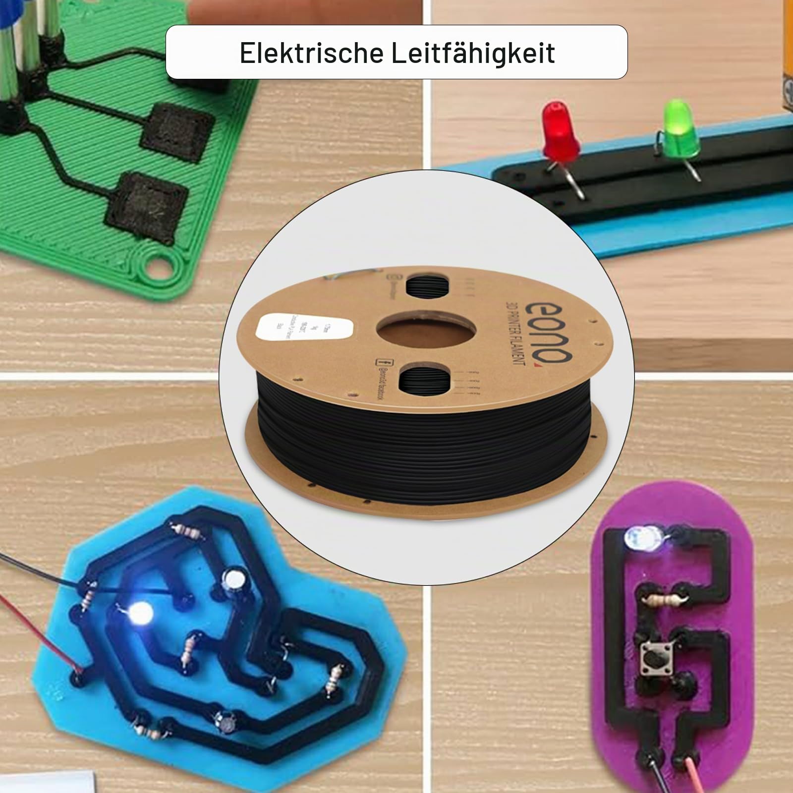 EONO Leitfähiges PLA Filament 1.75mm 1KG Elektrisch Conductive 3D Drucker Filament für ESD-Schutz, Sensoren & funktionale Prototypen – Kompatibel mit FDM Druckern, Schwarz