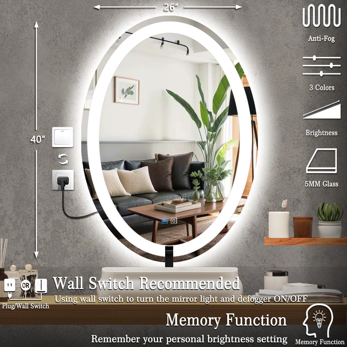 26 x 40 Inch Oval LED Vanity Mirror with Lights 3 Color Dimmable Memory Front Back Light 40 Oval Lighted Mirror for Bathroom Makeup Salon Wall Mount AntiFog 40in Ovals Smart Light up Mirrors