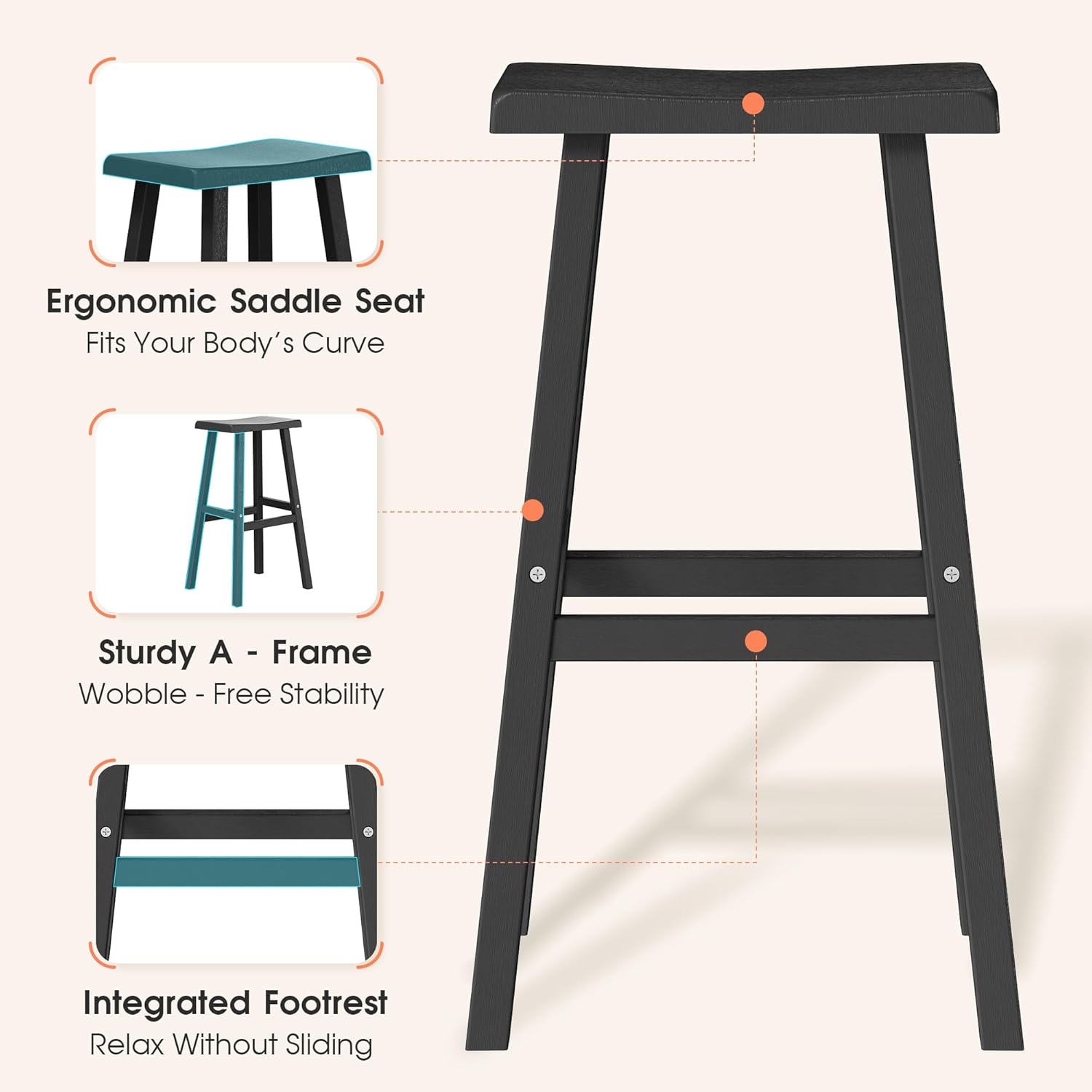 KAMABOKO 2 Set 29" HDPE Bar Stools Set Outdoor, Durable Resin Bar Chairs with Footrest, Weatherproof & Ergonomic Barstools for Patio, Deck & Poolside, Black