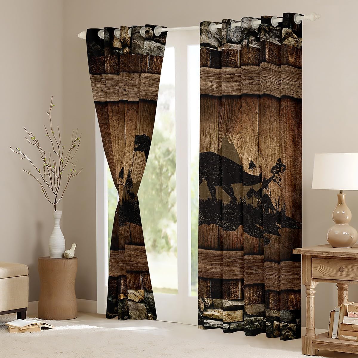 Erosebridal Black Dinosaur Silhouette Darkening Drapes 38" Wx45 L Rustic Farmhouse Blackout Curtains Hunting Jungle Animal Window Curtains Wooden Board Wildlife Window Treatments 2 Panels