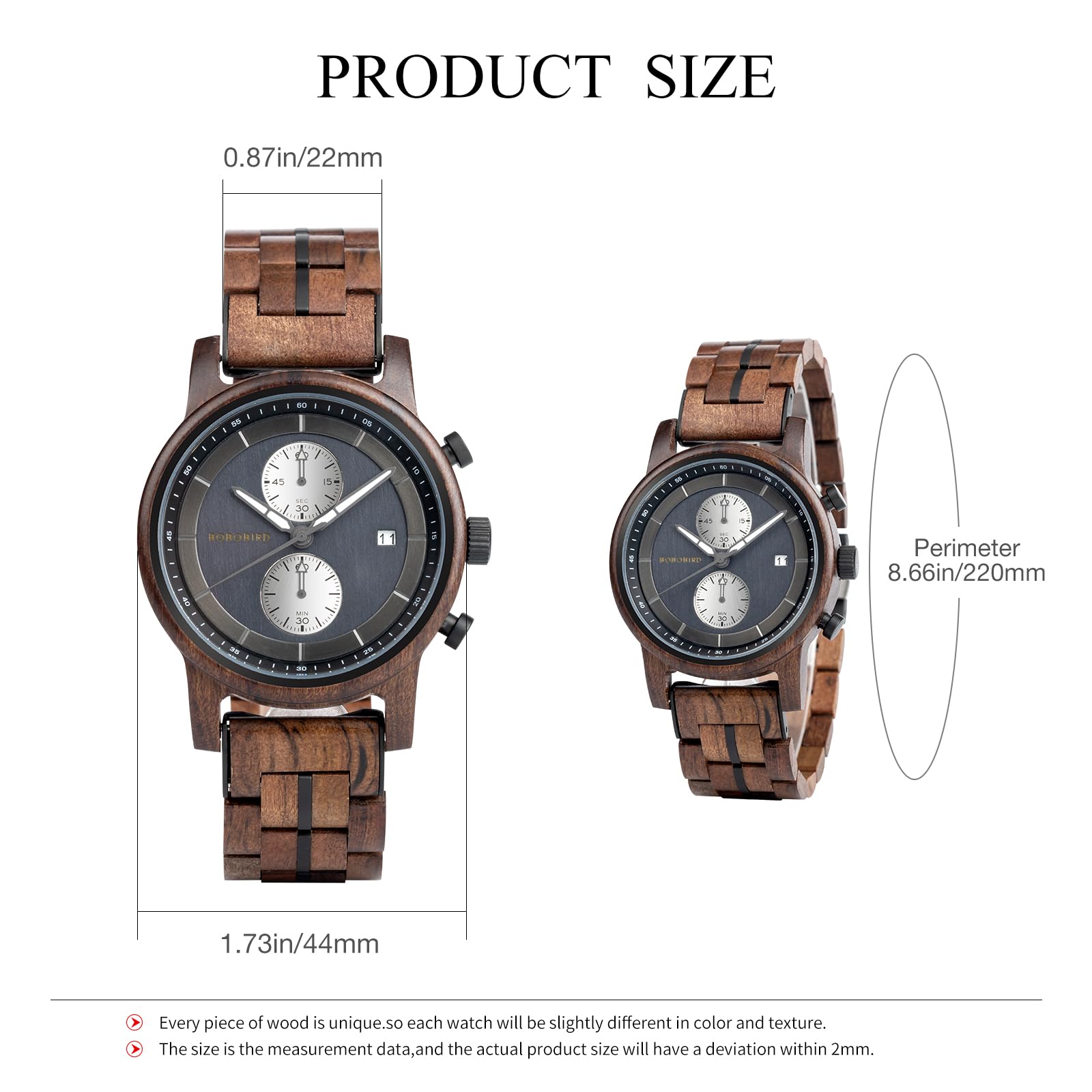 BOBO BIRD Orologio cronografo da uomo in legno, cassa in legno naturale da 44 mm, movimento al quarzo giapponese, orologio casual da donna, regalo per lui