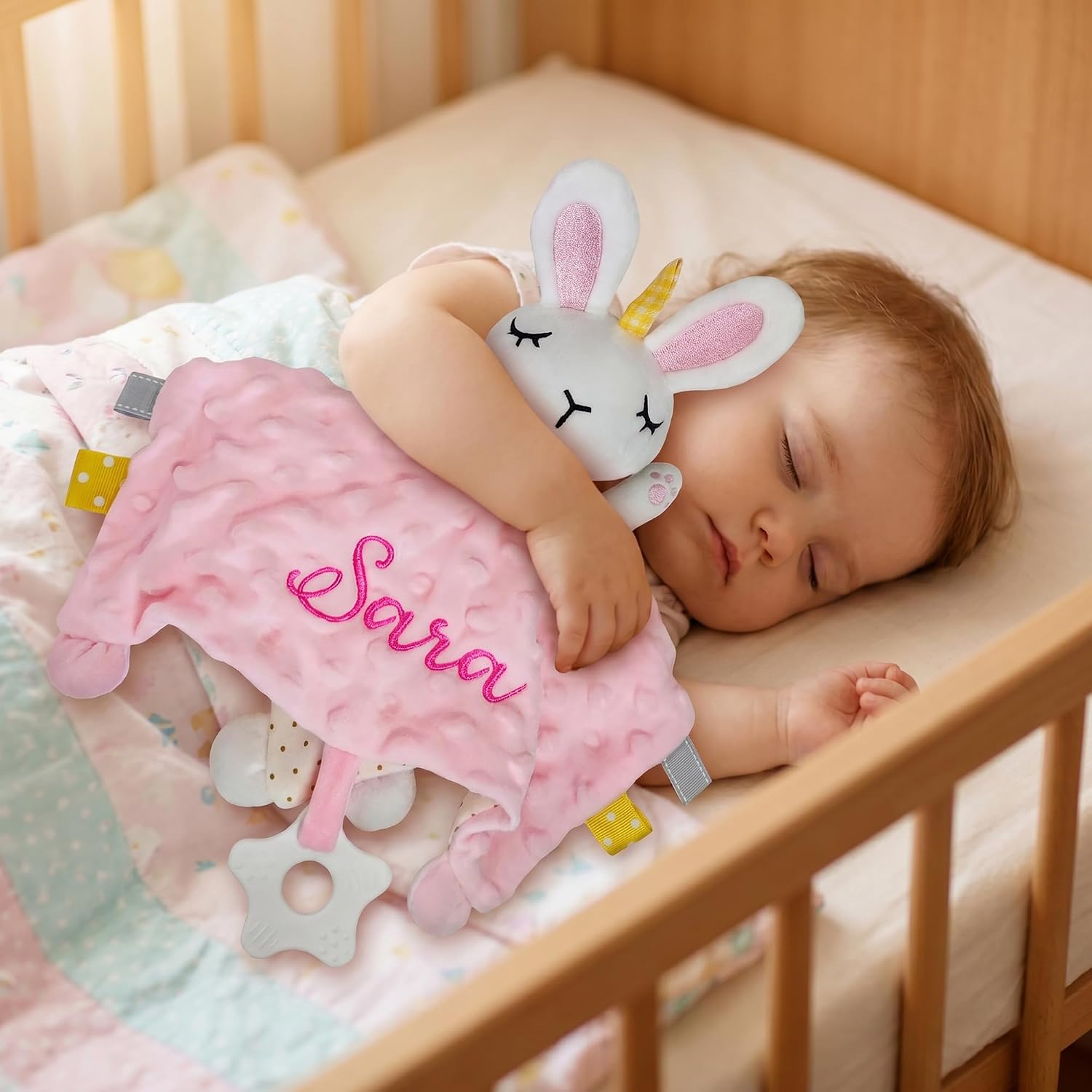 Bella’s Giftshop Personalized Pink Bunny Baby Lovey Security Blanket for Newborn Girl, Custom Stuffed Animal Snuggle Blanket with Name, Customized Plush Gift Essentials