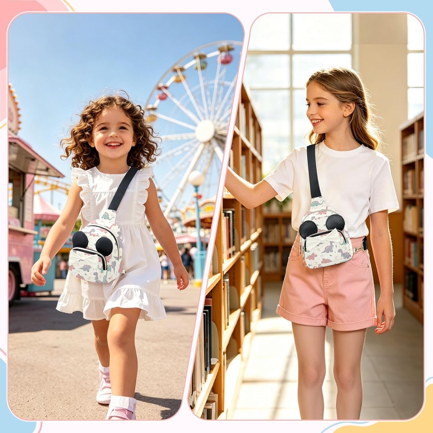 Dinosaur Kids Crossbody Bags for Girls, 5.7x3.1x7.5 In | Crossbody Fanny Pack, Toddler Purse, Cute Sling Belt Bag with Ears, 2L Small Shoulder Chest Bag for Travel