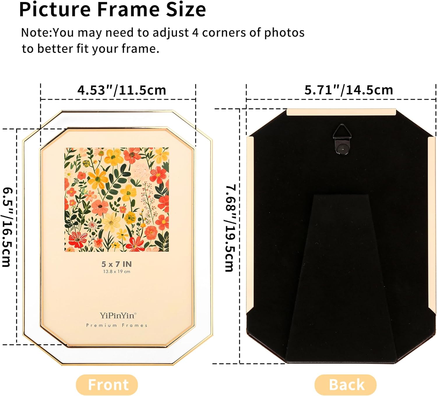 YiPinYin 5x7'' White Enamel Picture Frames 2Pack with Gold Metal Plated Edge,Premium Metal Frame 6x4'' with HD-Real Glass & Velvet Back,Octagon Shape,Tabletop & Wall Mount (Vertical/Horizontal),