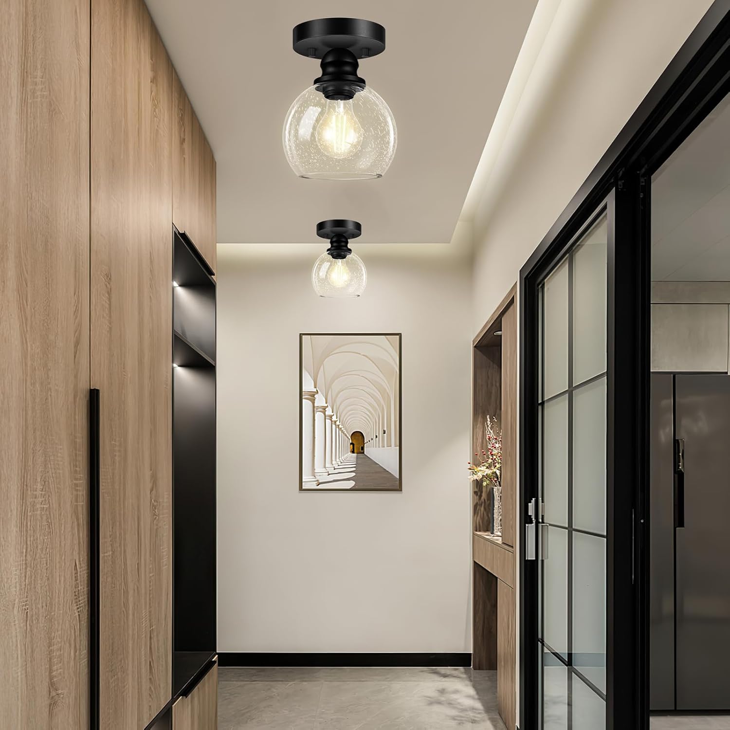 Industrial Semi Flush Mount Ceiling Light, 5.91 Inch Seeded Glass Ceiling Lamp Shade, Matte Black Closet Lights, Garage Ceiling Light Fixture for Hallway Porch Entryway Bath Vanity (E26 Base, No Bulb)