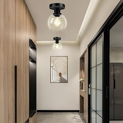 Miniatura 5 de Industrial Semi Flush Mount Ceiling Light, 5.91 Inch Seeded Glass Ceiling Lamp Shade, Matte Black Closet Lights, Garage Ceiling Light Fixture for