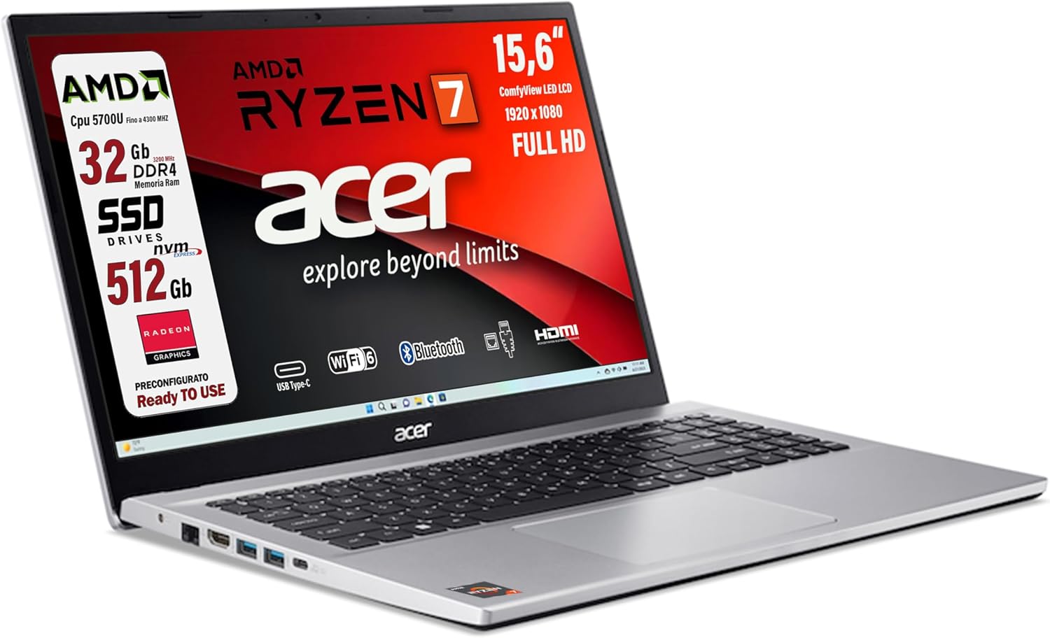 Acer, notebook Portatile, Ryzen7 5700u, fino a 4,3 Ghz, Ram 32 Gb, SSD PCI Nvme da 512Gb, Display Led 15,6" FHD, 4 usb, wi-fi 6, lan, bt, hdmi Win11, Preconfigurato, garanzia Italia Ryzen 7 5700u 8Core Ram 32Gb SSd 512Gb - Immagine 2
